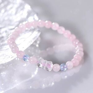 Natural Ice Rose Pink Quartz Madagascar & Clear Crystal Beaded Bracelet 6mm New